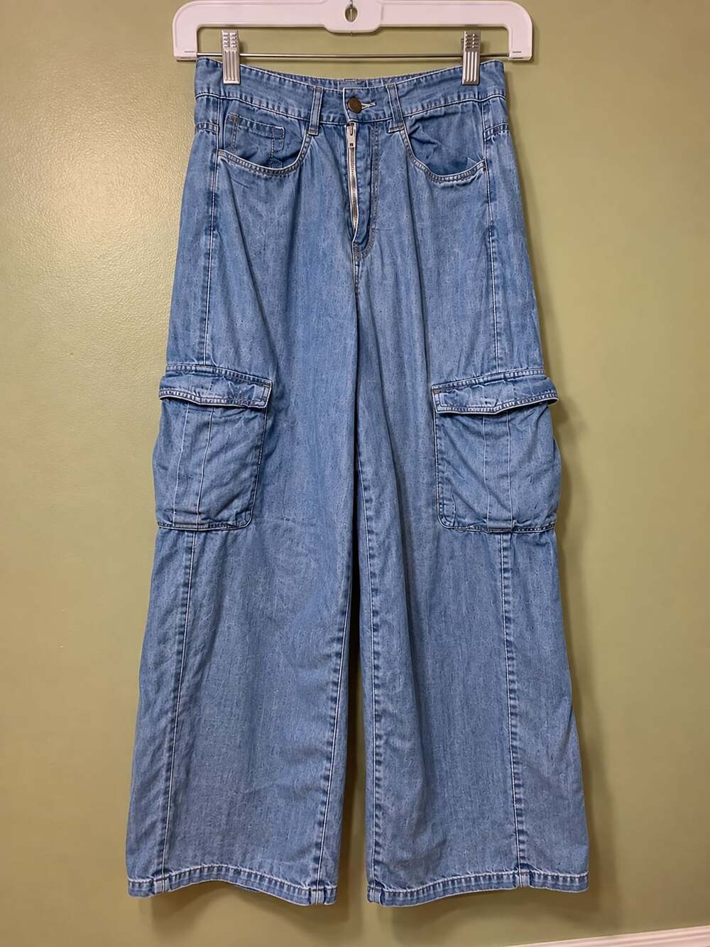 L.O.V. Women’s 26 Chambray Cargo Pants Blue Tencel Lyocell Wide Leg Y2K